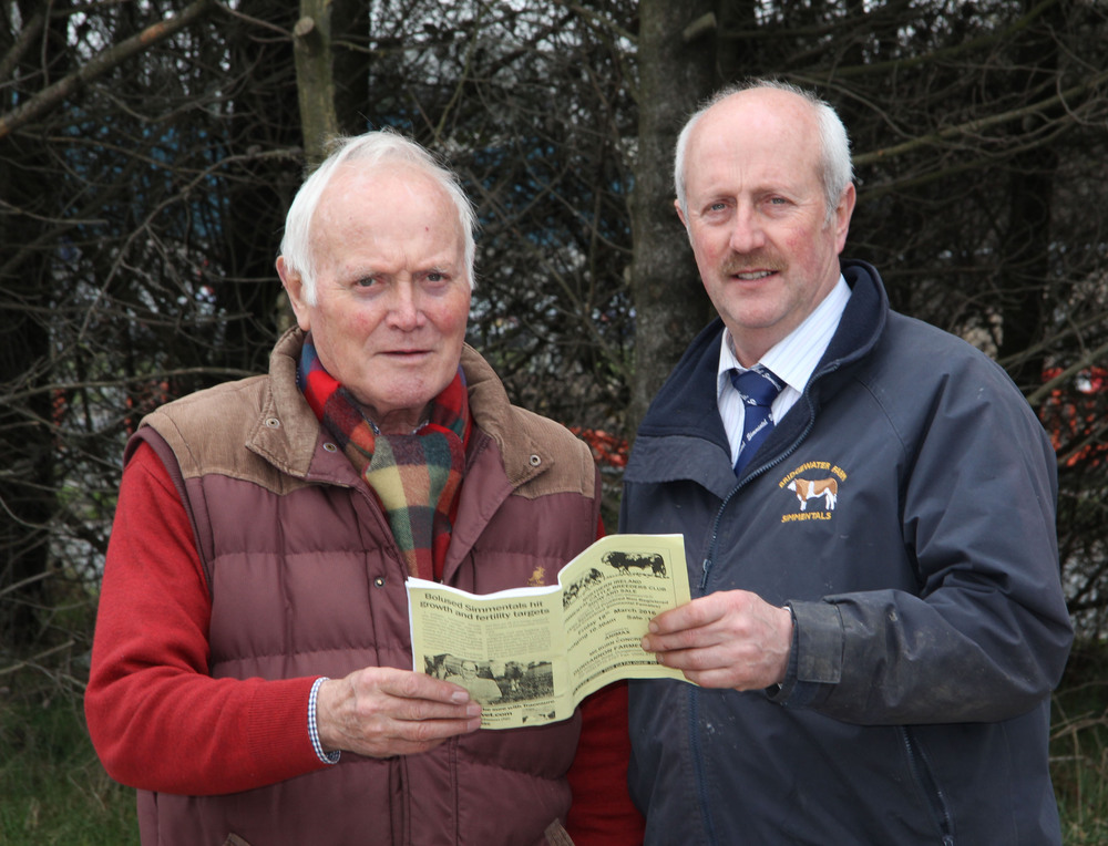 Simmental Club committee member Nigel Glasgow is pictured with Malcolm Thom, Millburn Concrete, sponsor of the commercial section of the spring show and sale, Dungannon.&nbsp;