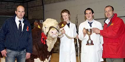 Stephen Buick presents the Bruces Hill Perpetual Cup for the supreme champion to first-time exhibitor Stephen Millar, Newtownstewart. Included are handler Jack Smyth, and judge Thomas Hamilton, Dungannon