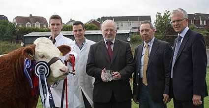 The Female of the Year was Clonguish Bambi shown by Paul and Shane McDonald, Tempo. Pictured at the presentation are Trevor Armstrong and John Henning, Northern Bank, sponsor; and Pat Kelly, club chairman.