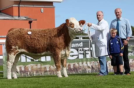 Norman Robson, Doagh, exhibited the reserve supreme champion, Kilbride Farm Dora, which sold for 6,000gns at the Elite Female Show and Sale, Omagh. Included are Nigel Glasgow, Milburn Concrete Ltd, Cookstown, sponsor; and Angus Robson. Kilbride Farm Dora
