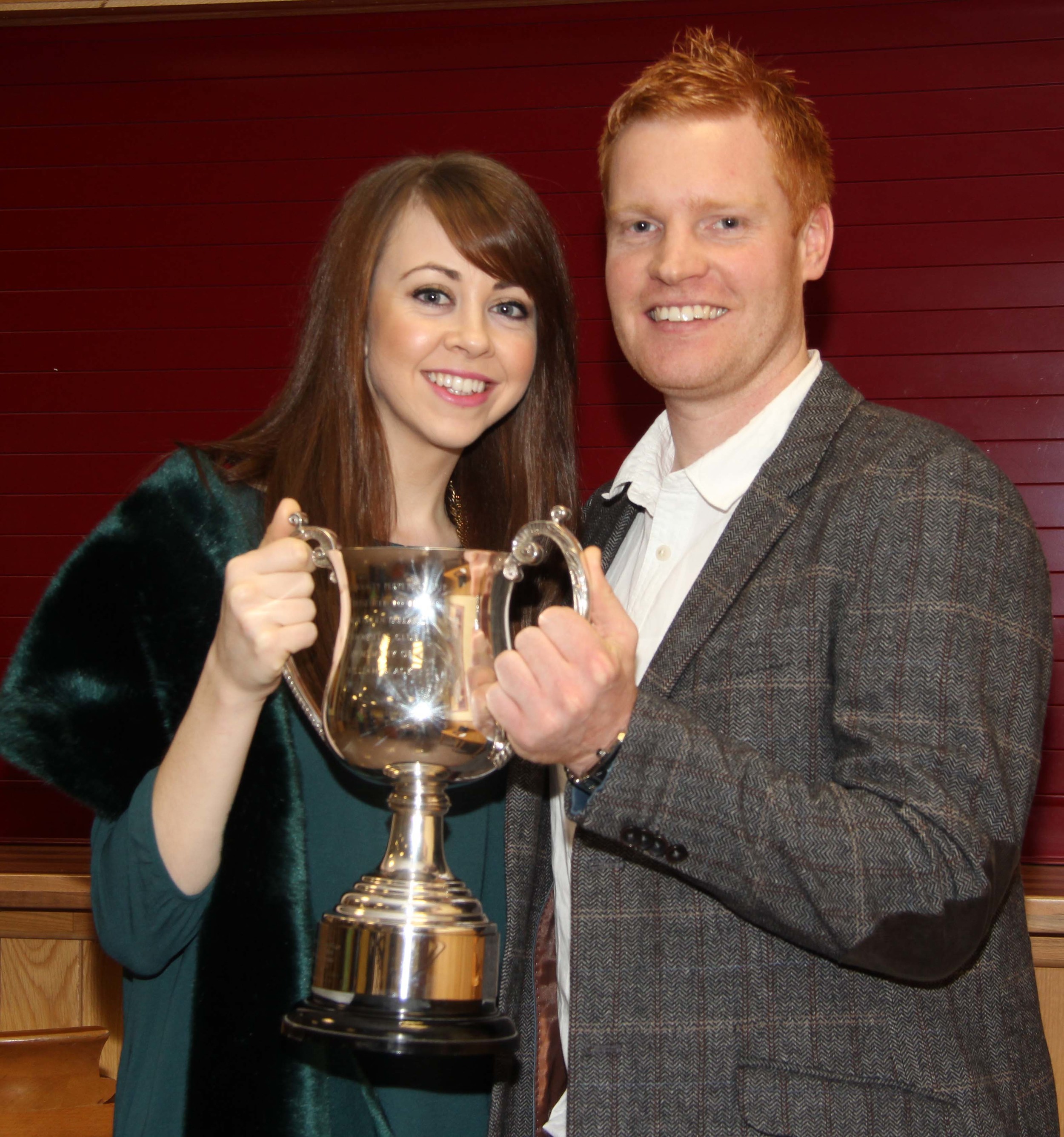 Christopher Weatherup, Ballyclare, and fiancee Laura McLean, with the William Black Memorial Cup for the supreme champion at Balmoral Show. 
