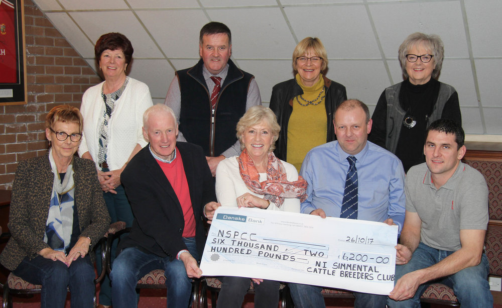 The NI Simmental Cattle Breeders' Club has presented a cheque for £6,200 to the NSPCC. Chairman Matthew Cunning, vice chairman Conrad Fegan, treasurer Leslie Weatherup, and secretary Robin Boyd, are pictured with Jennifer Hobson, chairman, and members of the NSPCC's Dungannon fund raising committee.