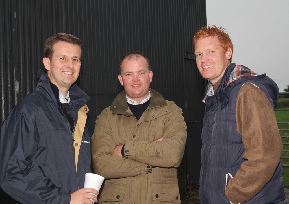  Host Christopher Weatherup, Ballyclare, chats to William Thompson, Bank of Ireland; and Alan Wallace, Antrim, at the NI Simmental Club's annual stockjudging competition. 