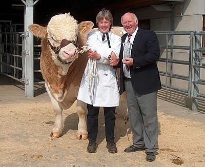 Champion Bull Farnborough Playboy Pictured with breeder Judith Cockerill & Judge Mr Roger Birch